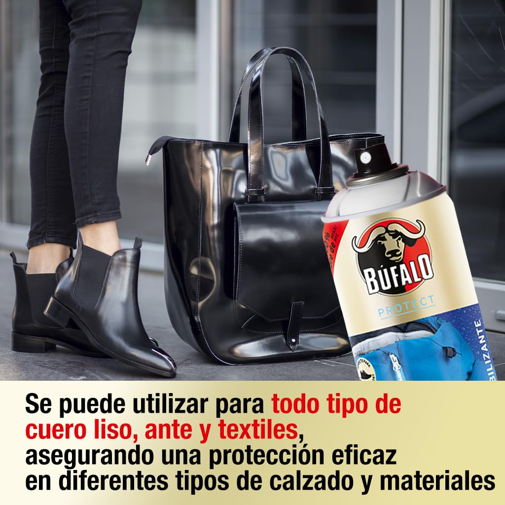 Búfalo - Spray Impermeabilizante Calzado 250ml - Spray Protector Zapatillas Transparente- 100% Repelente al Agua y a la Suciedad | Para Zapatos de Tela, Cuero y Textiles | Protector de Ante y Nobuk