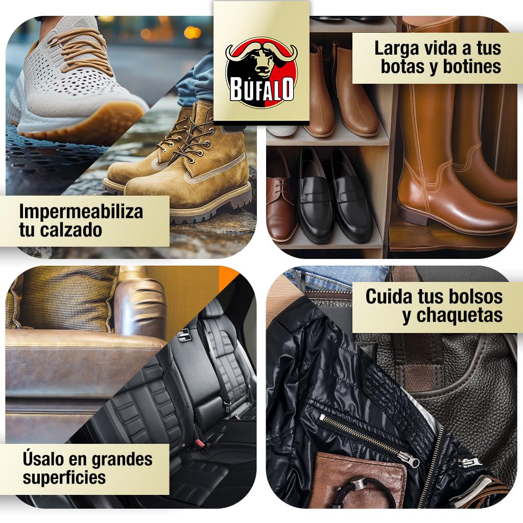 Búfalo - Spray Impermeabilizante Calzado 250ml - Spray Protector Zapatillas Transparente- 100% Repelente al Agua y a la Suciedad | Para Zapatos de Tela, Cuero y Textiles | Protector de Ante y Nobuk