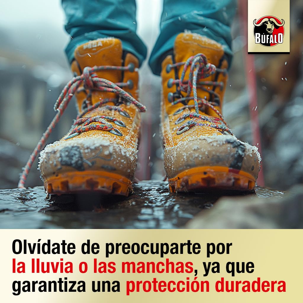 Búfalo - Spray Impermeabilizante Calzado 250ml - Spray Protector Zapatillas Transparente- 100% Repelente al Agua y a la Suciedad | Para Zapatos de Tela, Cuero y Textiles | Protector de Ante y Nobuk